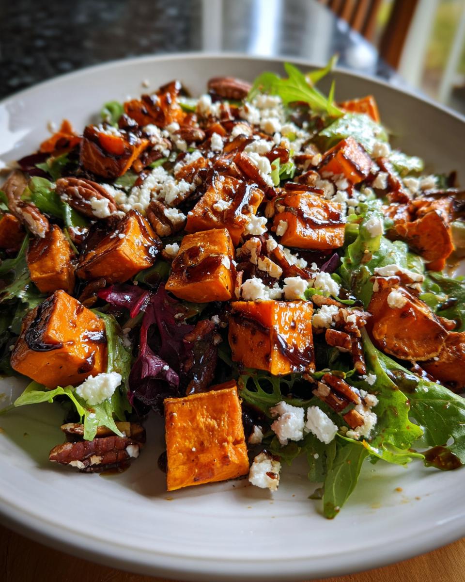 A close-up of a vibrant sweet potato salad featuring roasted orange sweet potato cubes, crumbled white cheese, pecans, and a dark glaze over mixed greens.
