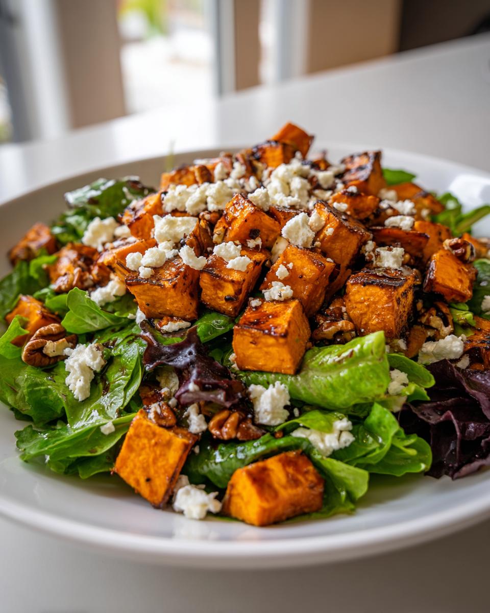 A vibrant bowl of sweet potato salad featuring roasted sweet potato cubes, mixed greens, crumbled feta cheese, and pecans.