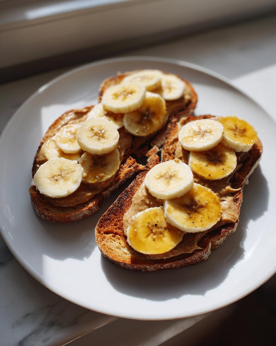 Three slices of sweet potato toast topped with peanut butter and fresh banana slices.
