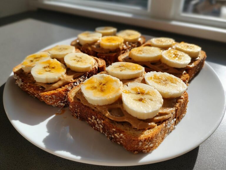 Four slices of sweet potato toast topped with peanut butter, banana slices, and a drizzle of honey.