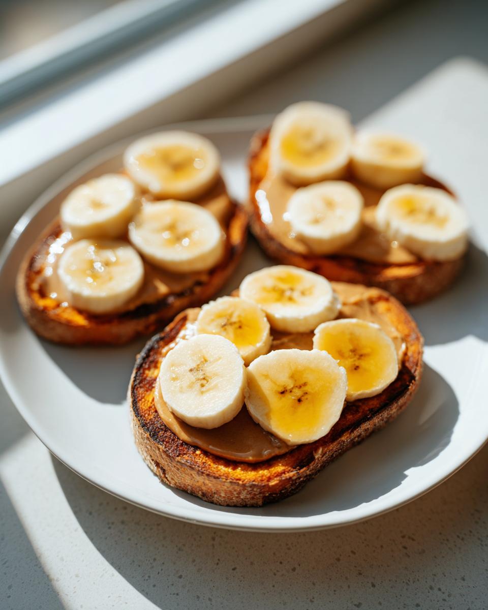 Three slices of toasted sweet potato toast topped with peanut butter and fresh banana slices.