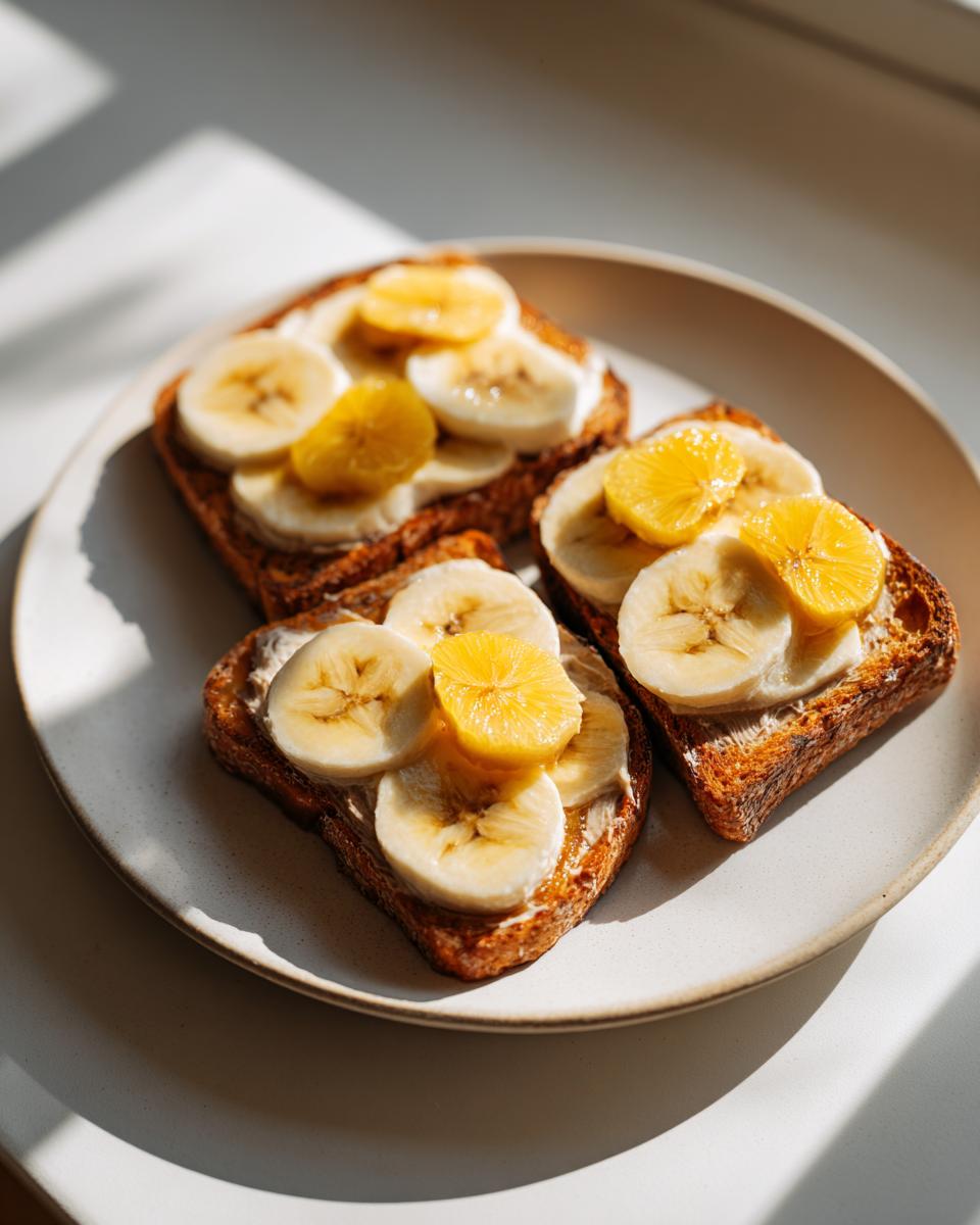 Three slices of sweet potato toast topped with cream spread, banana slices, and orange segments.