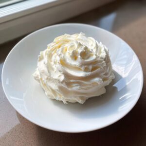 A beautiful swirl of fluffy white cream cheese frosting piped onto a small white plate.