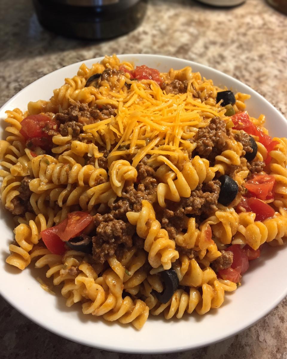 A close-up of a bowl filled with Taco Pasta Salad featuring rotini pasta, seasoned ground beef, tomatoes, black olives, and shredded cheddar cheese.