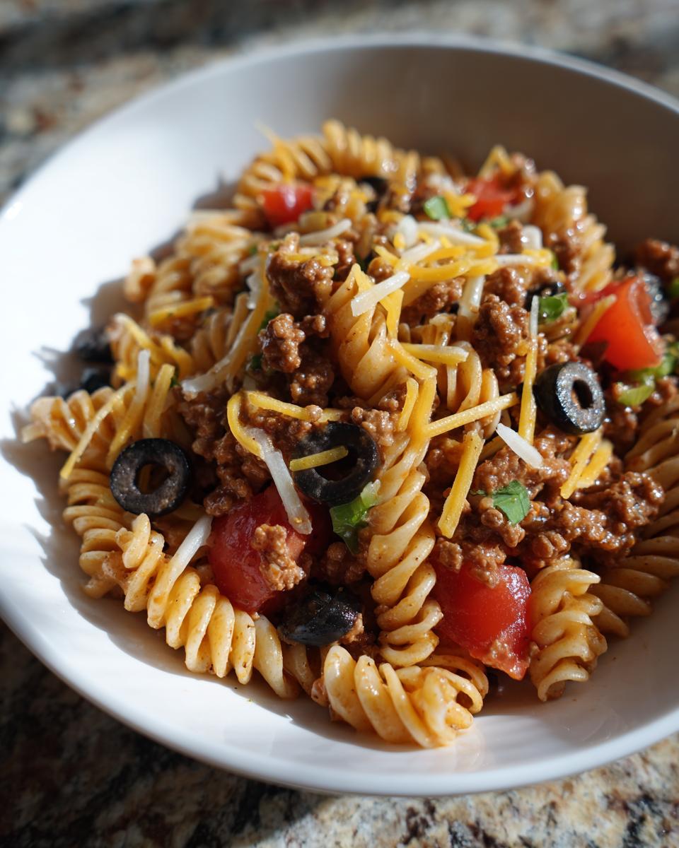 Close-up of a white bowl filled with Taco Pasta Salad featuring rotini pasta, seasoned ground beef, shredded cheese, tomatoes, and black olives.