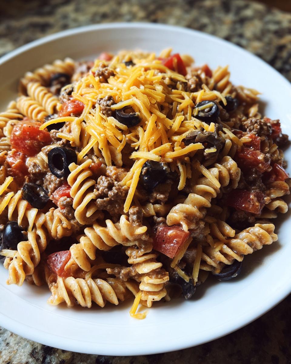 A close-up of a serving of taco pasta salad featuring rotini pasta, ground beef, tomatoes, black olives, and shredded cheddar cheese.