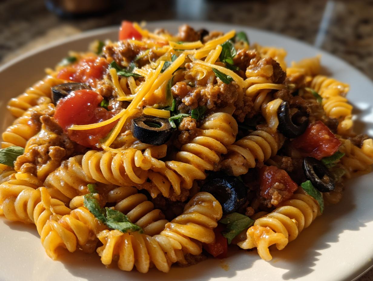 A close-up serving of amazing taco pasta salad featuring rotini pasta, seasoned ground meat, black olives, tomatoes, and shredded cheese.