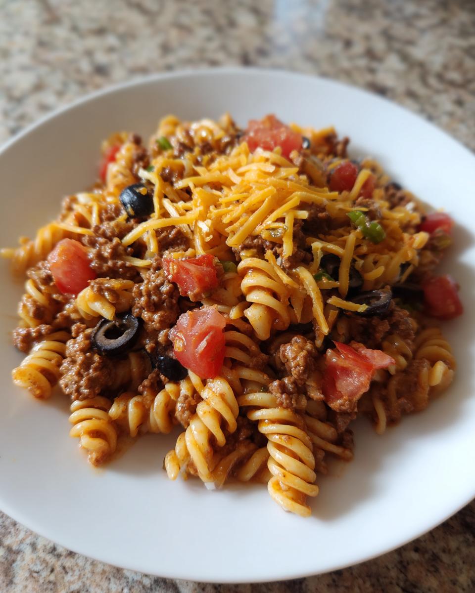 A close-up serving of taco pasta salad featuring rotini pasta, seasoned ground beef, tomatoes, olives, and shredded cheddar cheese.