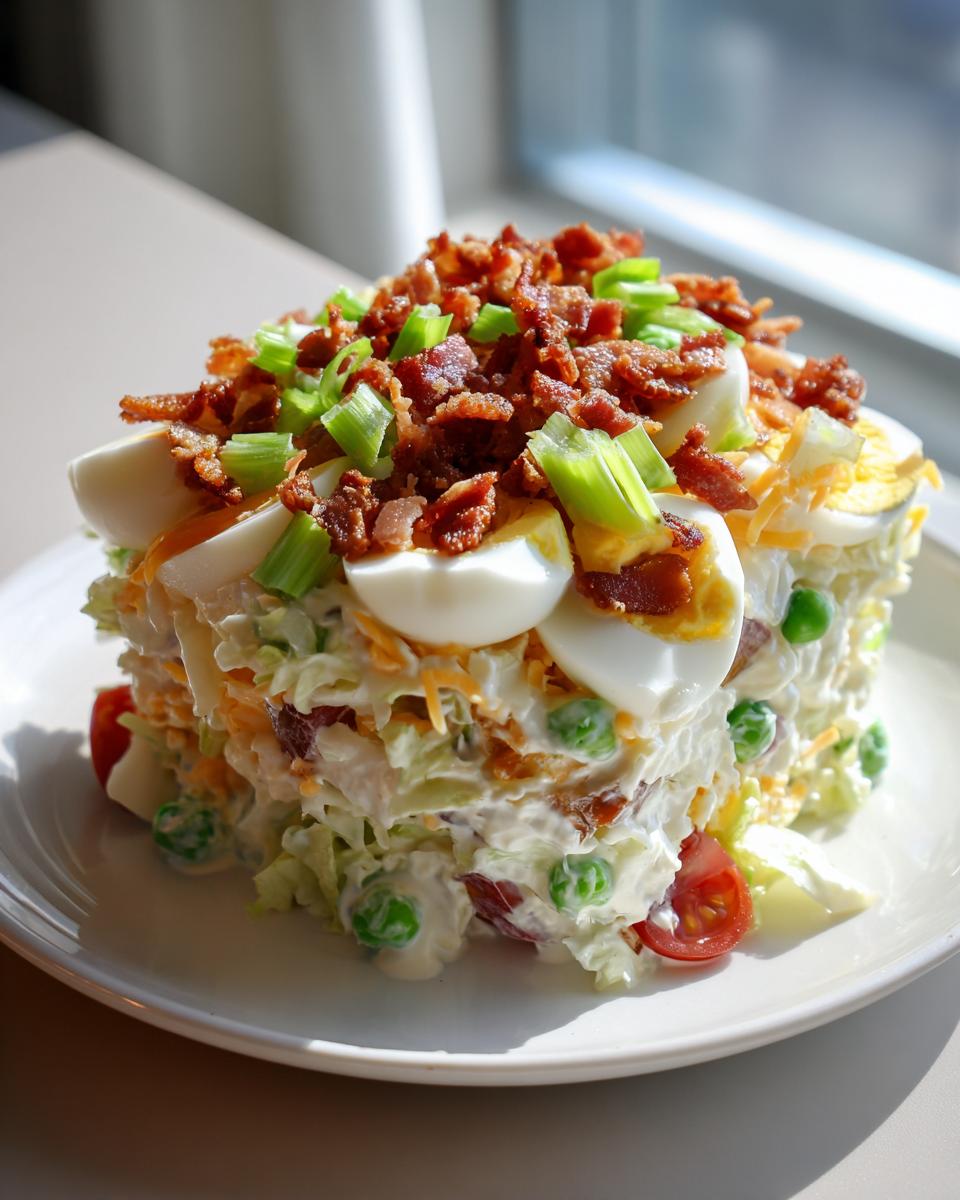 A tall, layered serving of 7 layer salad topped with bacon, eggs, and green onions.