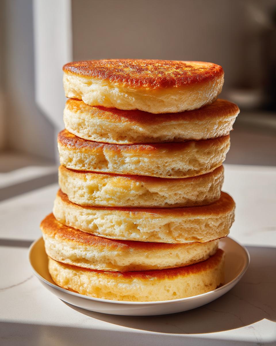 A tall stack of six thick, fluffy pancakes with perfectly golden brown tops resting on a small white plate.