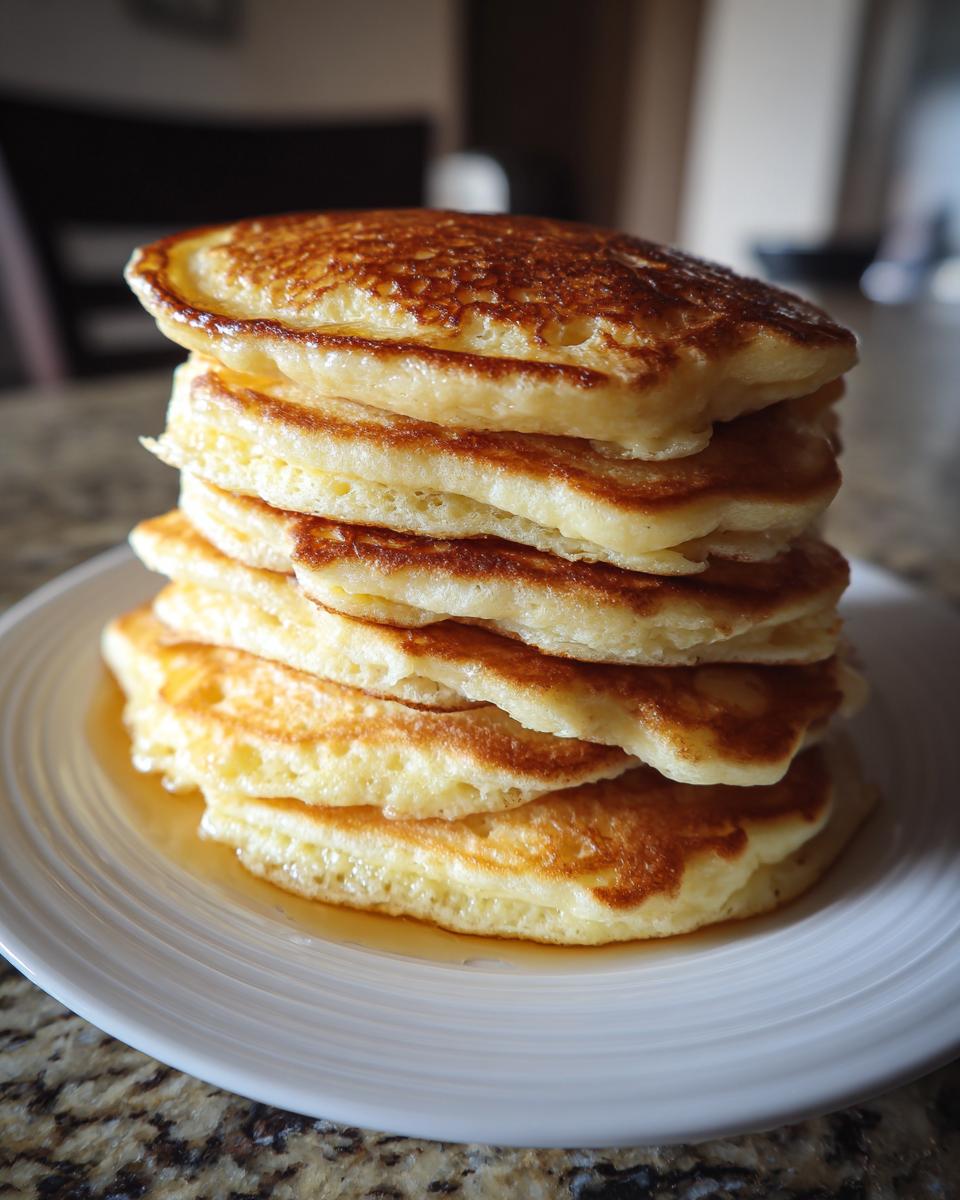 A tall stack of six golden brown, fluffy pancakes sitting on a white plate with syrup pooling at the base.