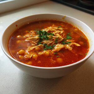 A close-up of a white bowl filled with rich, red chicken pozole broth, shredded chicken, hominy, and topped with fresh parsley.