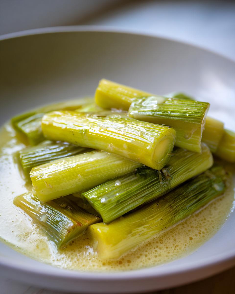 Close-up of tender, bright green braised leeks served in a shallow pool of light, buttery sauce.