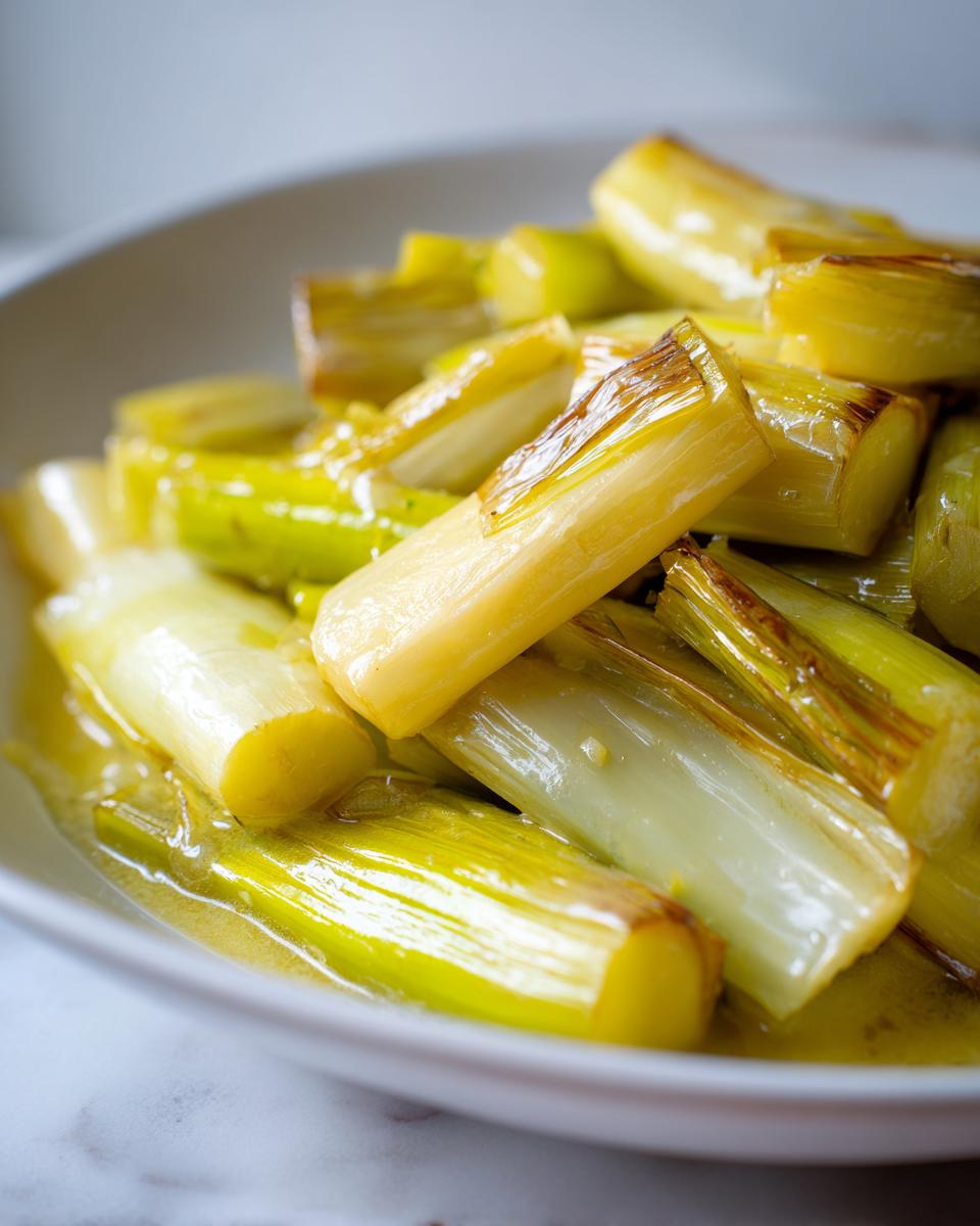 Close-up of tender, glossy braised leeks served in a white bowl with a light sauce.