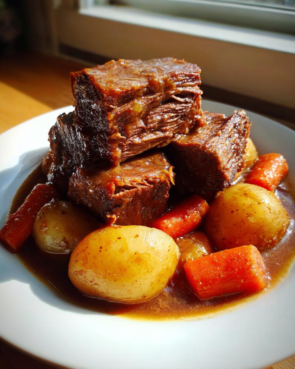 Three stacked, tender chunks of slow-cooked pot roast served with carrots and small potatoes in rich gravy.