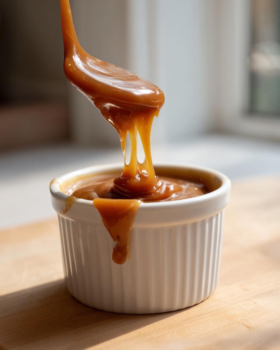 A spoonful of thick, glossy caramel sauce is lifted from a white ramekin, showing drips returning to the main batch of caramel.