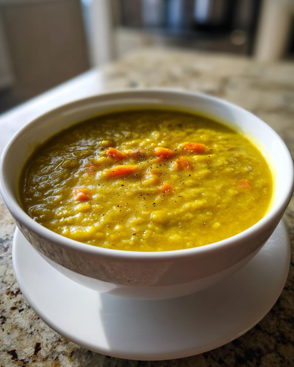 A close-up of a white bowl filled with thick, yellow-green pea soup, topped with diced carrots and black pepper.