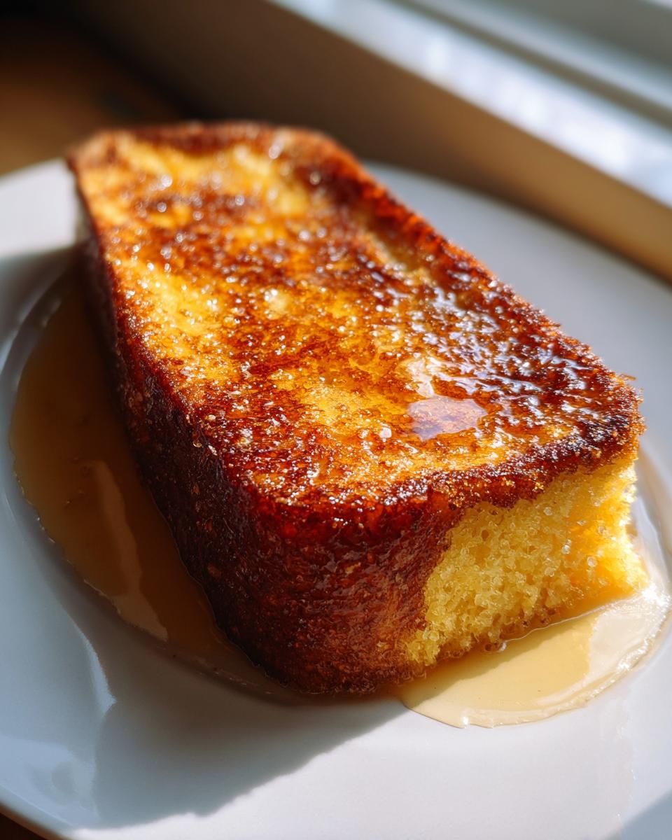 A thick, golden-brown slice of sourdough french toast glistening with syrup on a white plate.