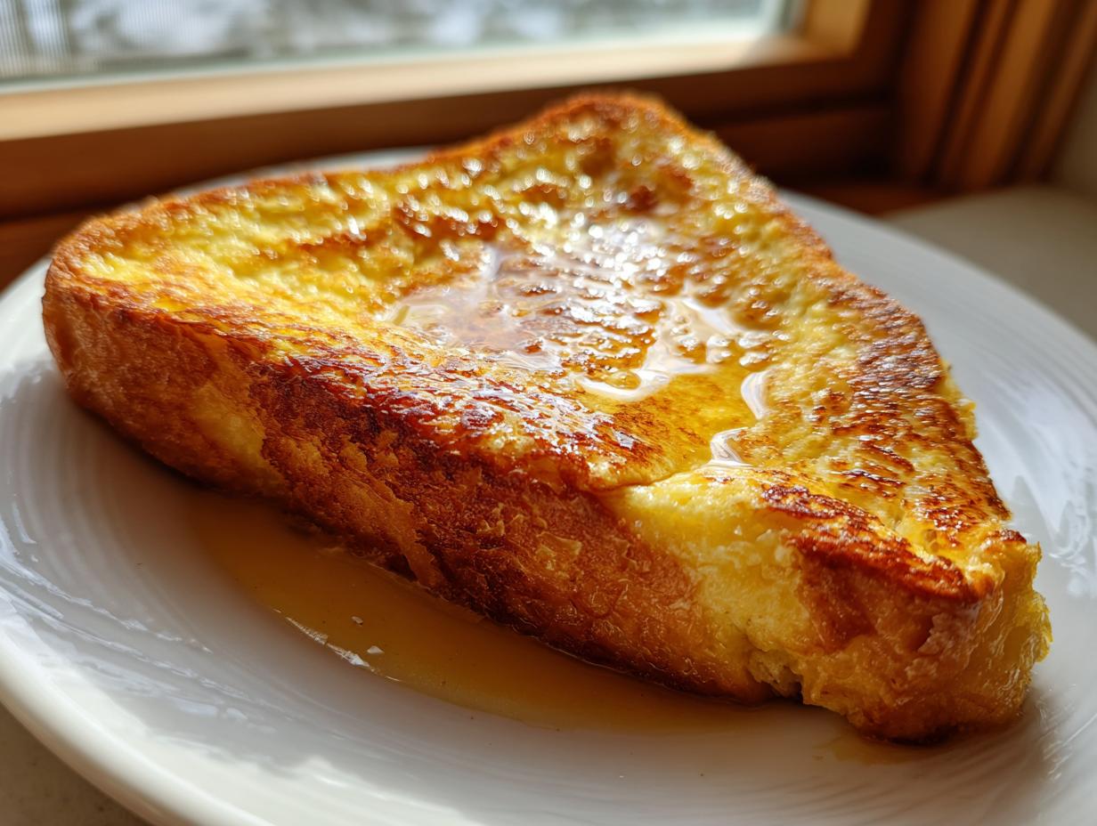 Close-up of a thick, golden-brown slice of sourdough french toast drizzled generously with syrup on a white plate.