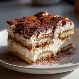 A perfect slice of tiramisu cheesecake layered with cream and ladyfingers, dusted heavily with cocoa powder.