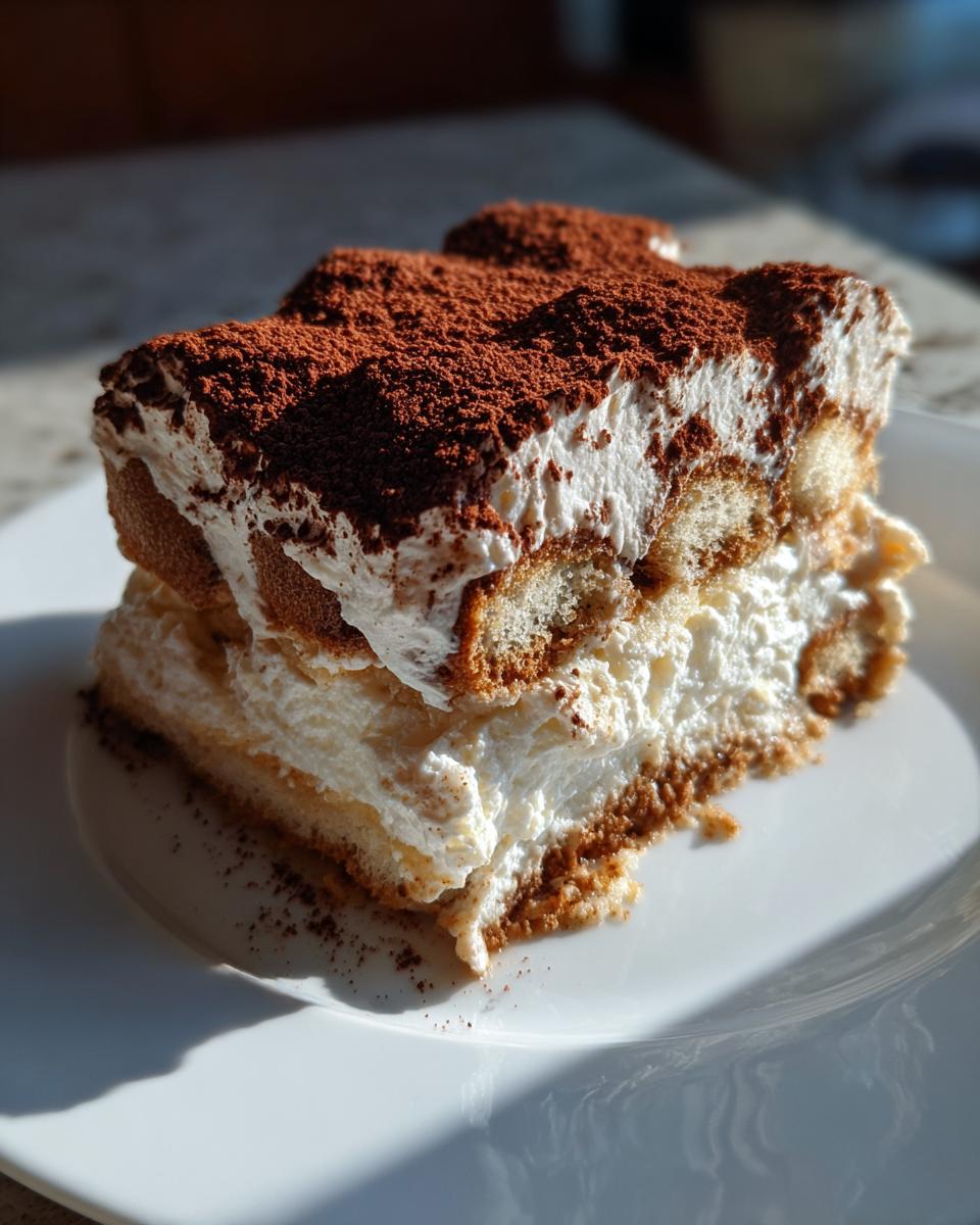 A close-up of two slices of rich tiramisu cheesecake layered with cream and ladyfingers, dusted heavily with cocoa powder.