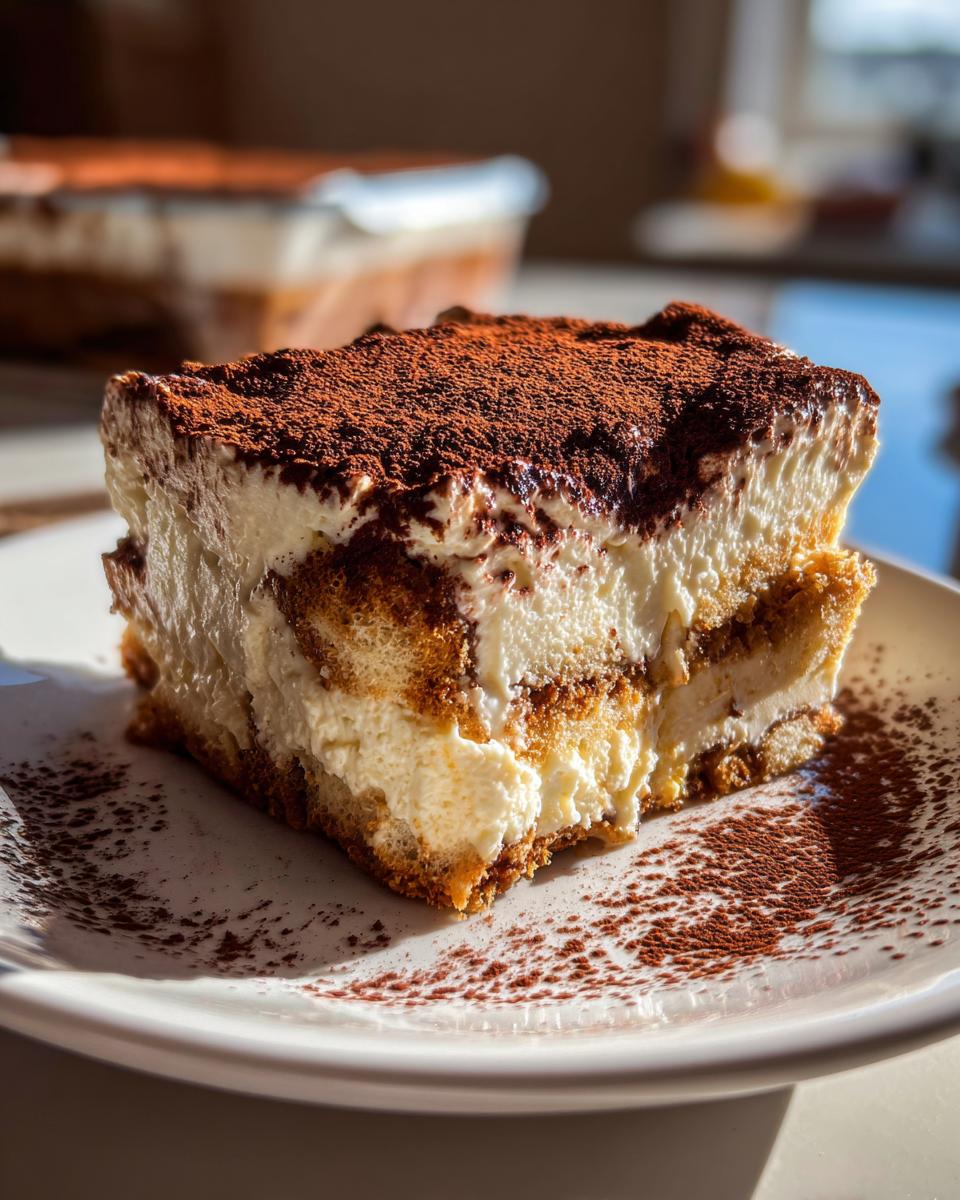 A rich slice of tiramisu cheesecake layered with cream and coffee-soaked biscuits, heavily dusted with cocoa powder.