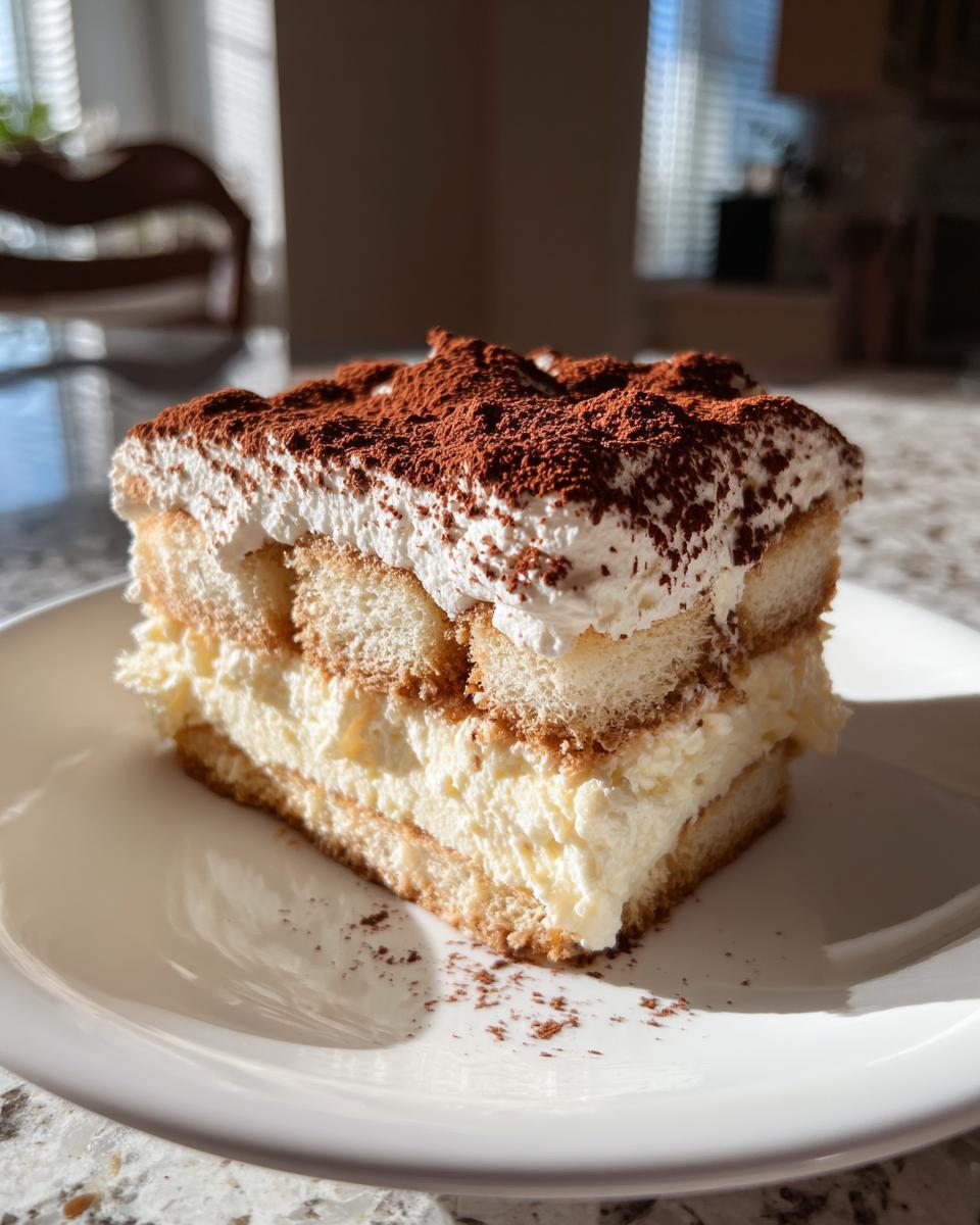 A perfect slice of layered tiramisu cheesecake topped with whipped cream and heavy cocoa powder.