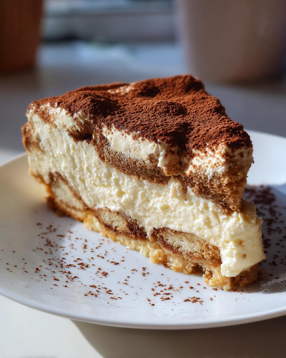 A beautiful slice of tiramisu cheesecake showing layers of cream and coffee-soaked ladyfingers, dusted heavily with cocoa powder.