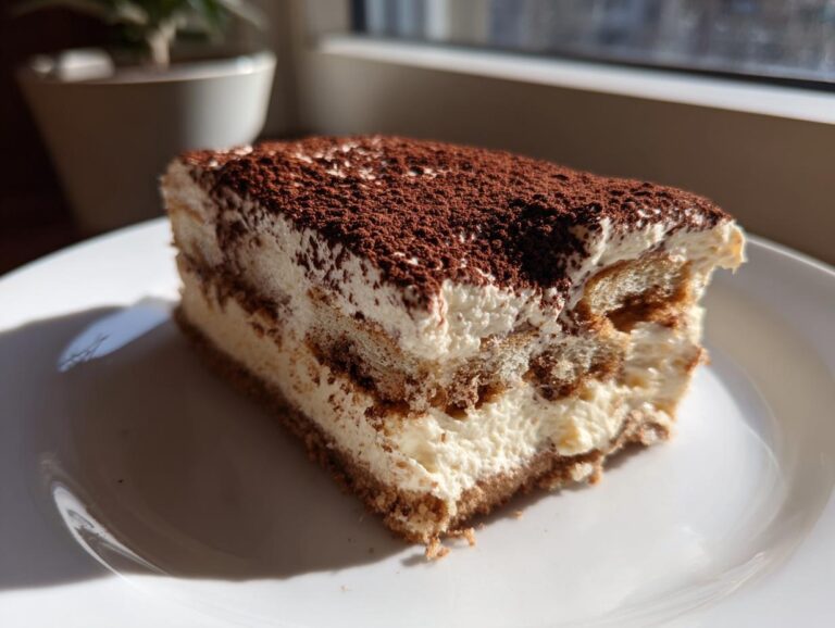 A decadent slice of tiramisu cheesecake dusted heavily with cocoa powder, sitting on a white plate.