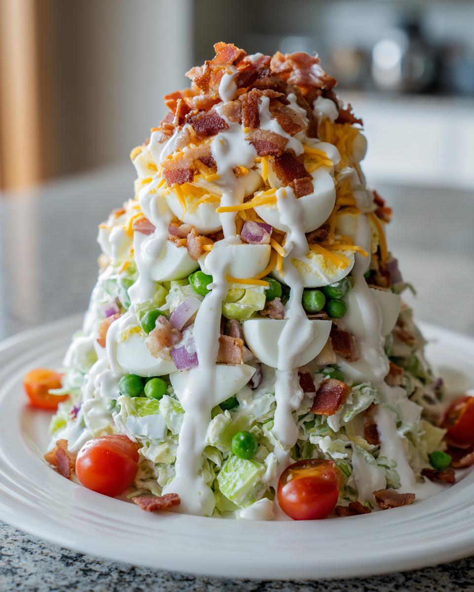 A tall, layered presentation of 7 layer salad topped with eggs, cheese, bacon, and creamy dressing.