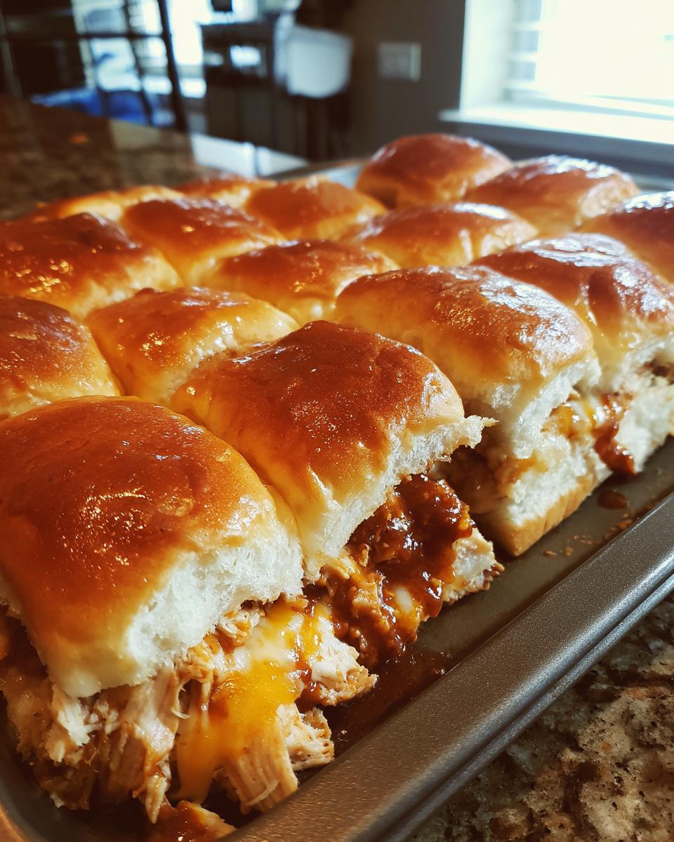 A close-up of a full tray of baked bbq chicken sliders with shiny, glazed tops and melted cheese oozing out.