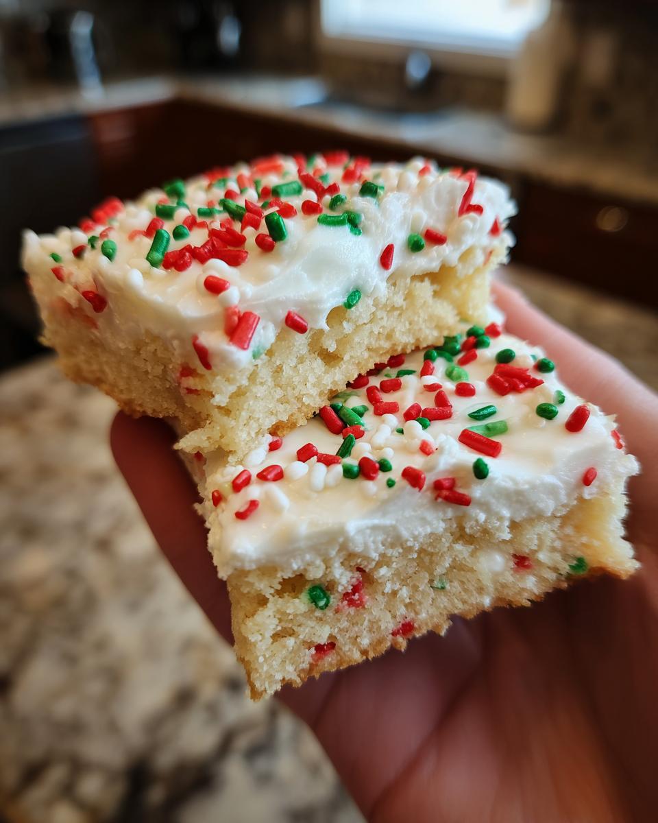A person holding two stacked squares of christmas sugar cookie bars topped with white frosting and red/green sprinkles.