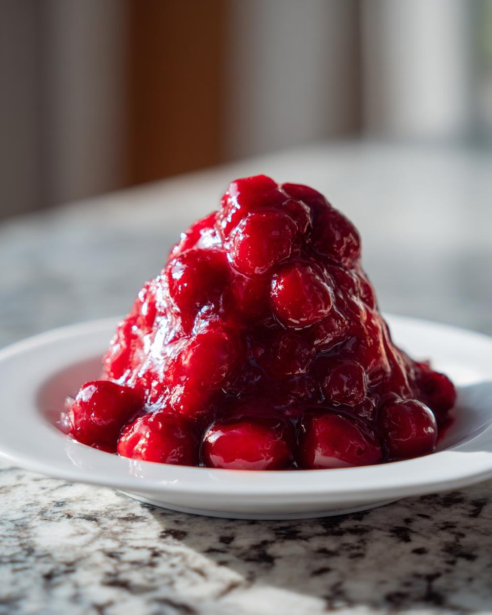 A close-up of a glistening mound of bright red cherry pie filling served in a white bowl.