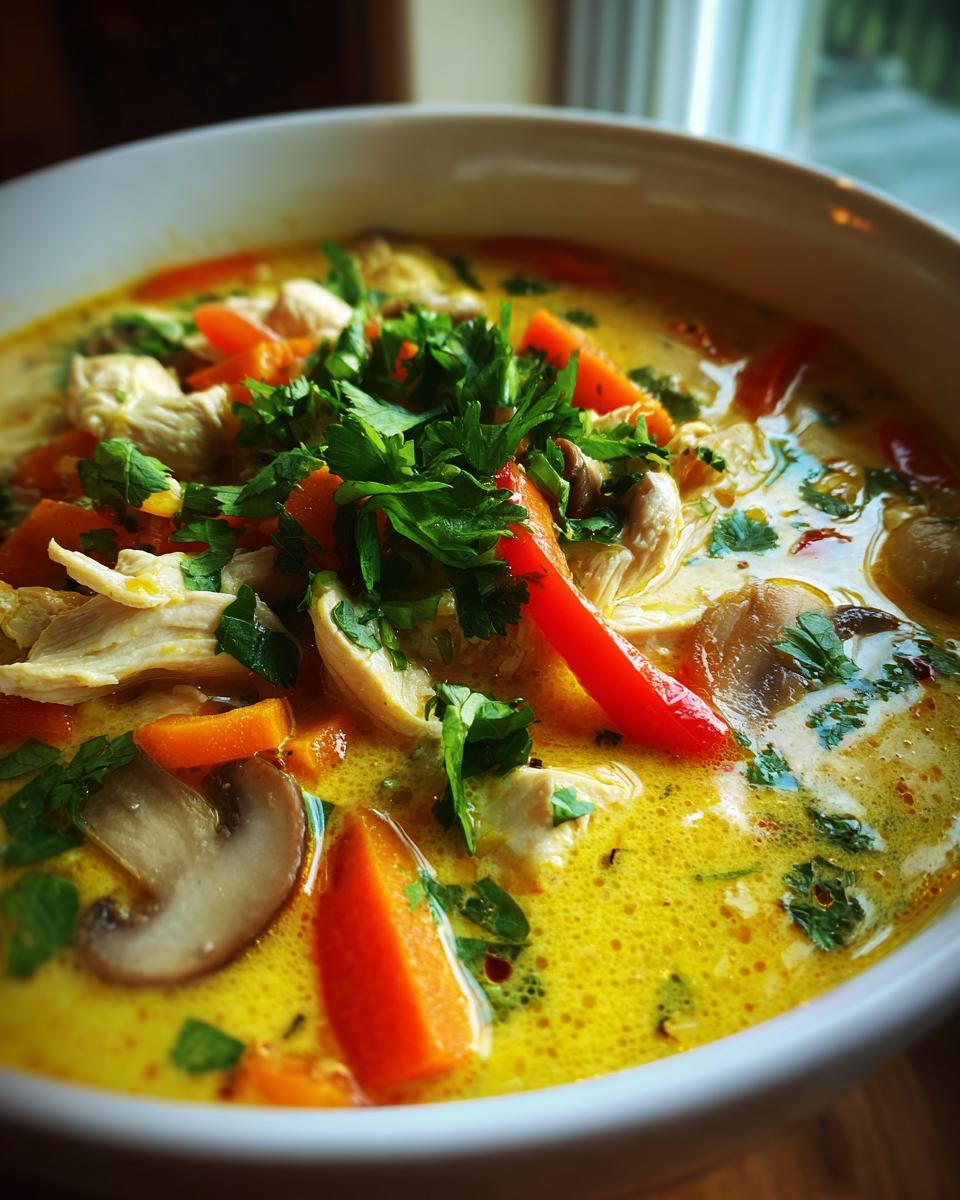 A close-up, vibrant shot of creamy yellow coconut curry soup filled with shredded chicken, bright orange carrots, mushrooms, and fresh parsley garnish.