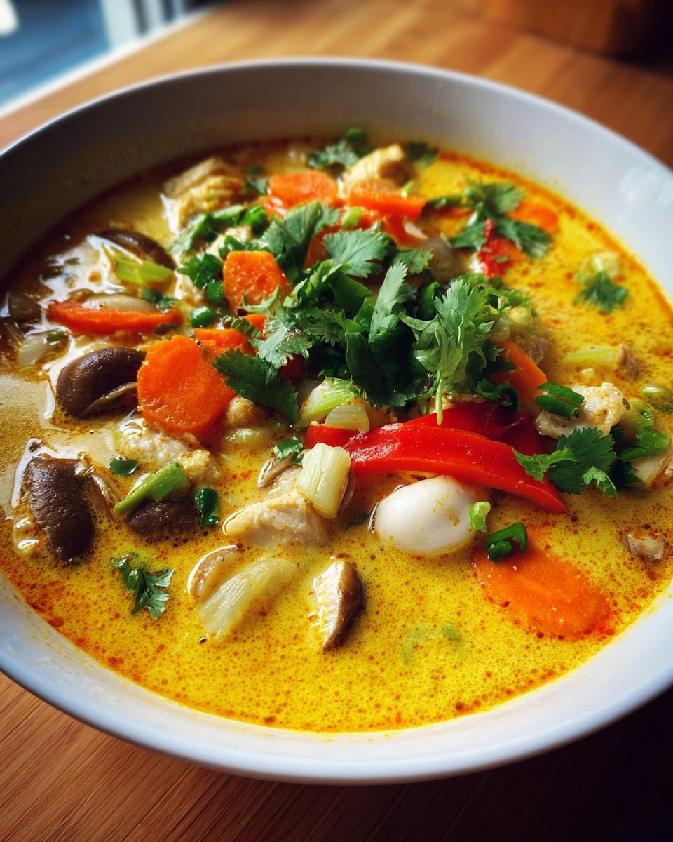 Close-up of a rich, yellow coconut curry soup filled with chicken, carrots, mushrooms, and topped with fresh cilantro.