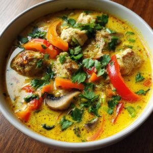 A close-up shot of a rich, yellow coconut curry soup filled with meatballs, sliced mushrooms, bell peppers, and fresh cilantro.