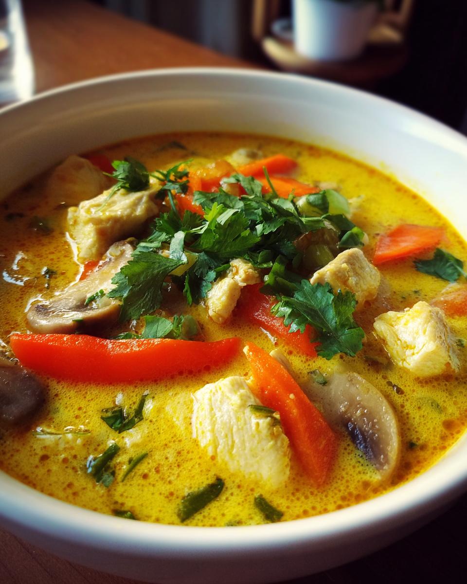 A close-up, appetizing view of a bowl of yellow coconut curry soup featuring chunks of chicken, sliced carrots, mushrooms, and fresh cilantro garnish.