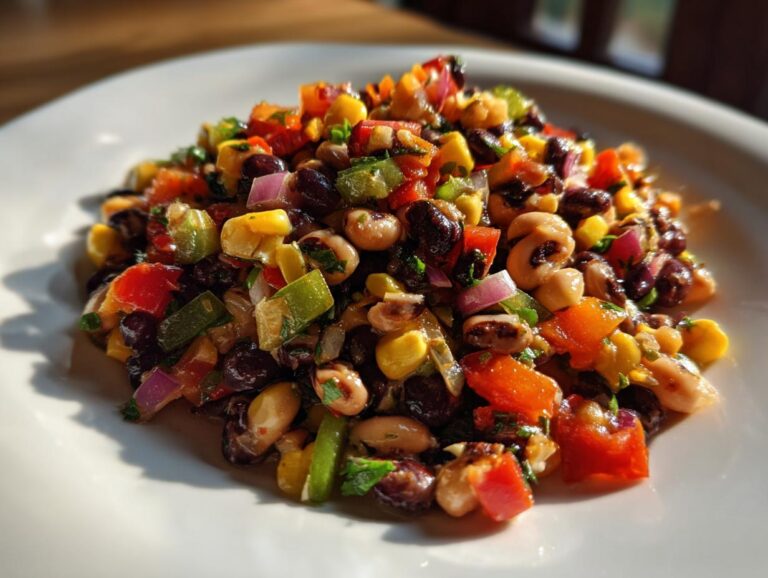 Close-up of colorful cowboy caviar featuring black beans, black-eyed peas, corn, and diced peppers on a white plate.