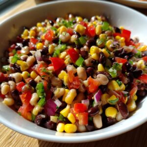 Close-up of a white bowl filled with colorful cowboy caviar, featuring black beans, corn, tomatoes, and red onion.
