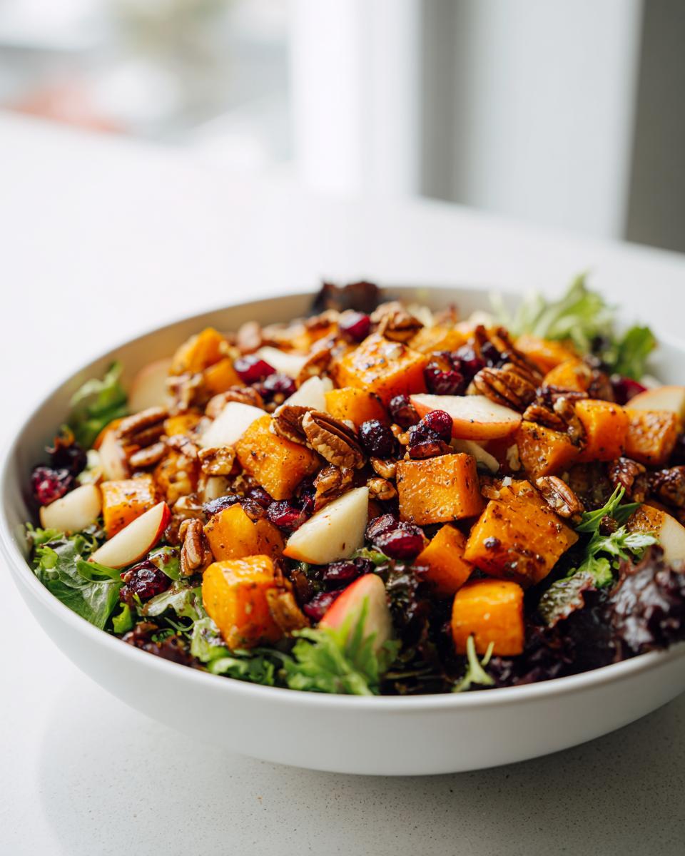 Close-up of a vibrant fall harvest salad featuring roasted butternut squash, pecans, dried cranberries, and apple slices over mixed greens.