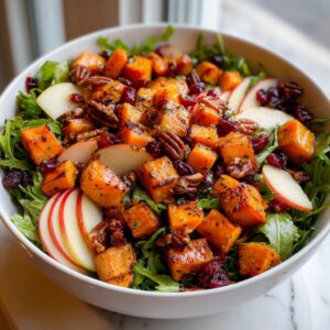 Close-up of a vibrant fall harvest salad featuring roasted orange squash cubes, pecans, dried cranberries, and apple slices on a bed of greens.