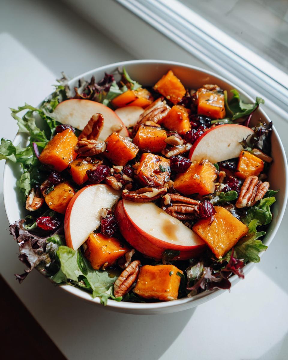 Close-up of a vibrant fall harvest salad featuring roasted squash cubes, apple slices, pecans, and dried cranberries on mixed greens.
