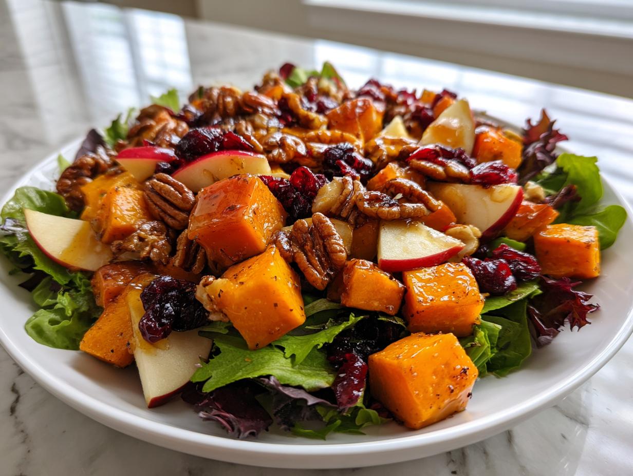 Close-up of a vibrant fall harvest salad featuring roasted orange butternut squash cubes, pecans, dried cranberries, and apple slices on mixed greens.
