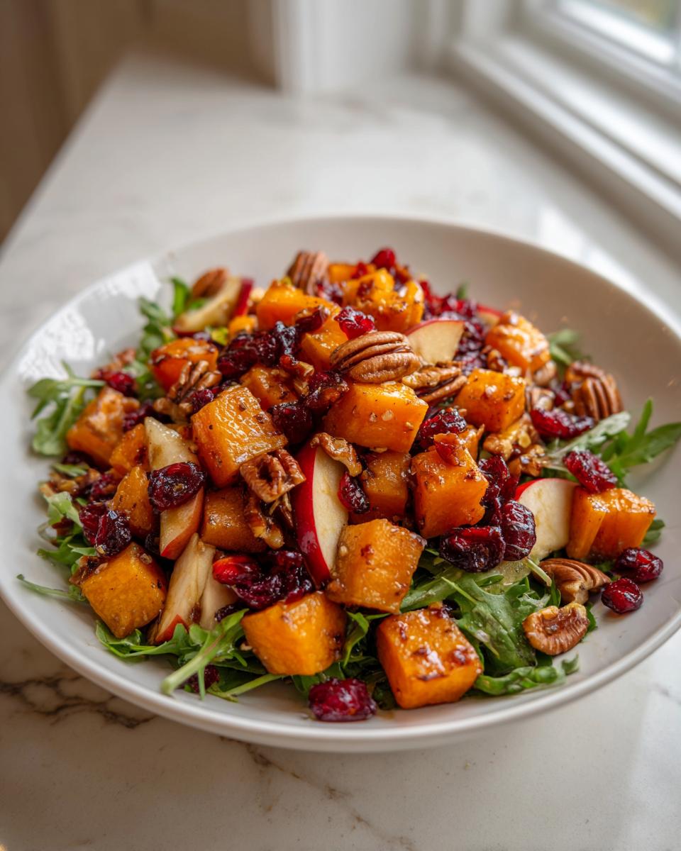 Close-up of a vibrant fall harvest salad featuring roasted butternut squash cubes, pecans, dried cranberries, and apple slices over arugula.
