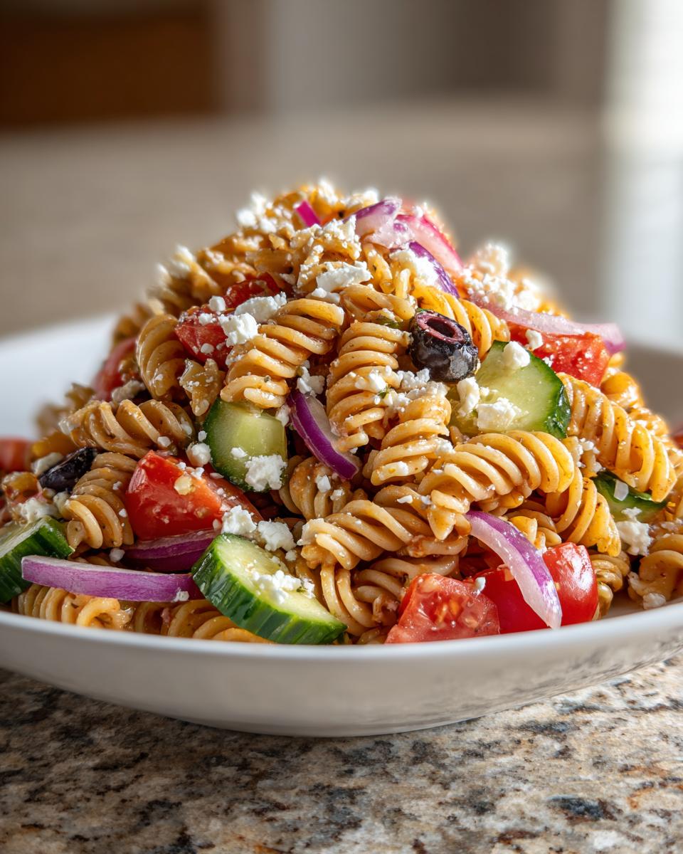 A close-up of a vibrant greek pasta salad featuring rotini pasta, cucumbers, tomatoes, red onion, olives, and crumbled feta cheese.