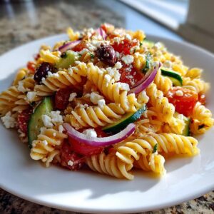 A close-up serving of vibrant greek pasta salad featuring rotini pasta, cucumber, tomatoes, red onion, olives, and feta cheese.