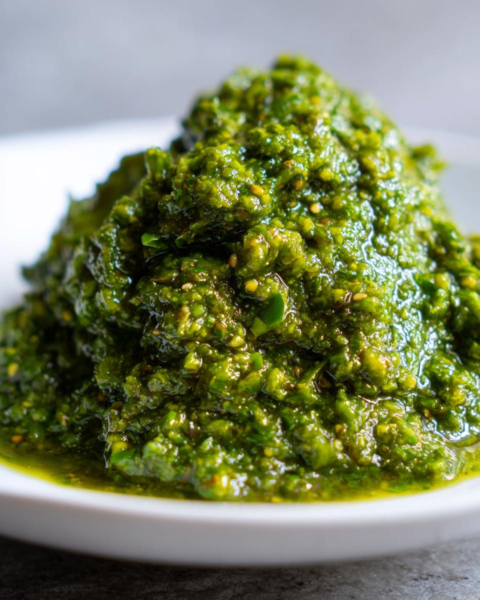 Close-up of a vibrant mound of chunky green tomato salsa with visible seeds and oil pooling at the base.