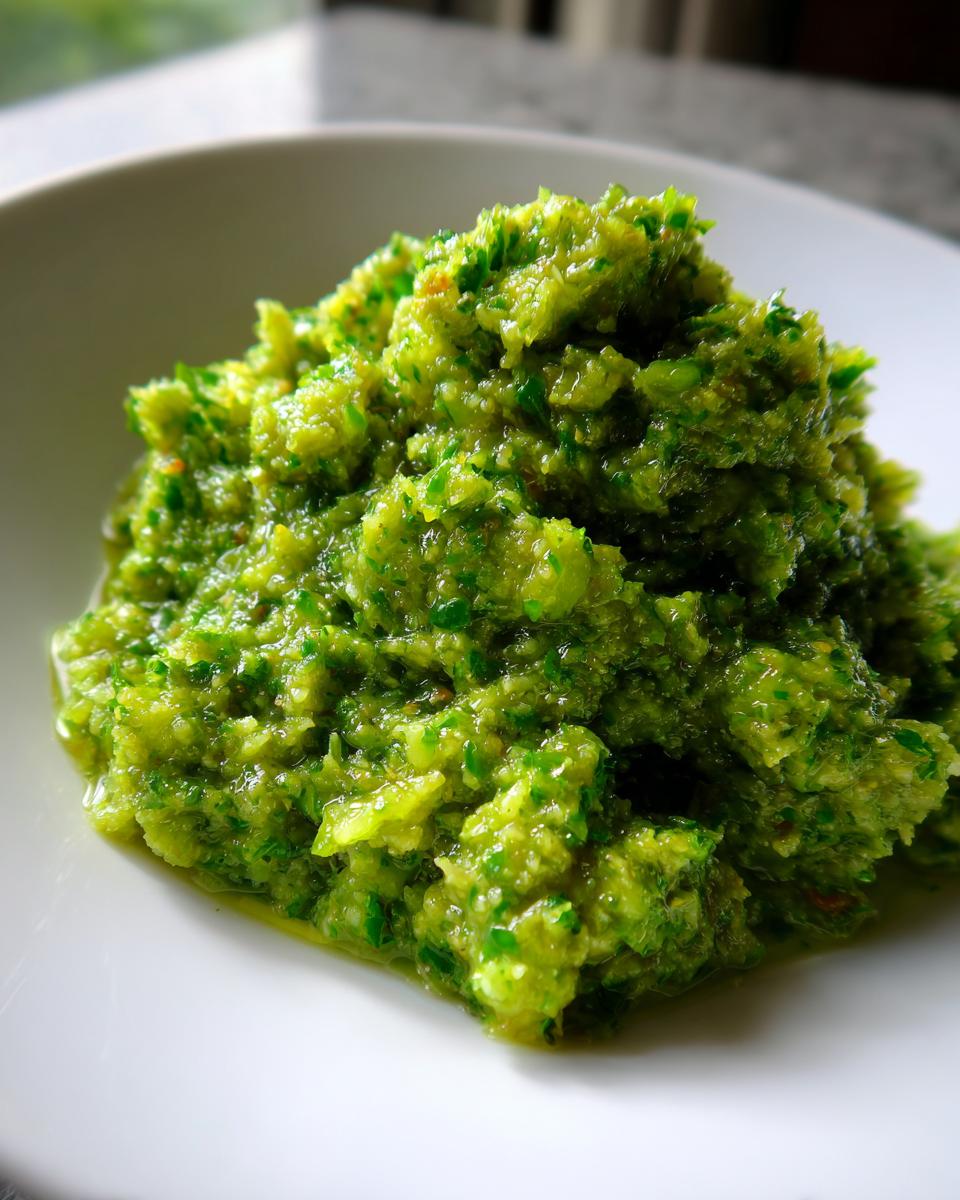 Close-up of a mound of bright green tomato salsa, freshly blended and resting on a white dish.