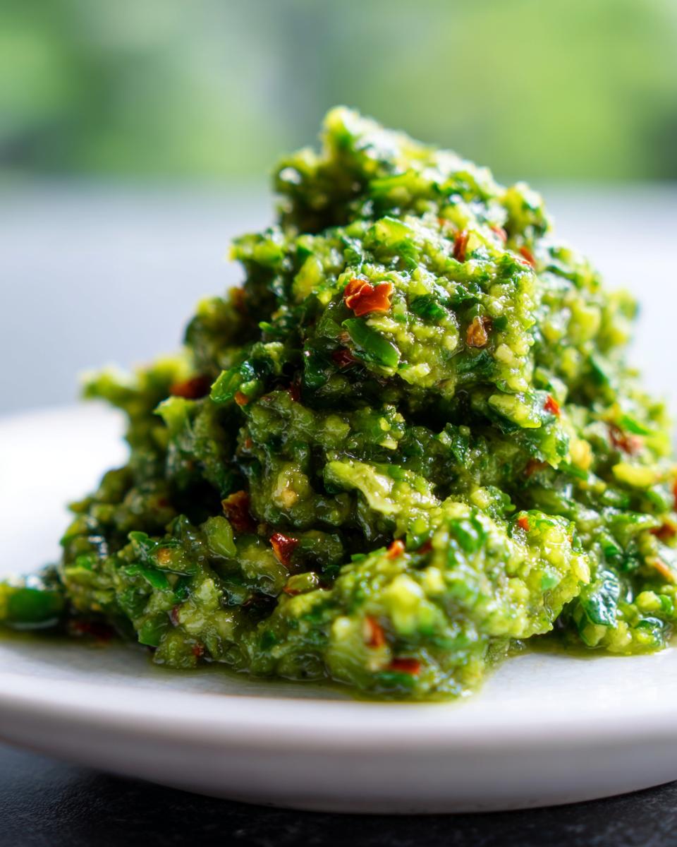 Close-up of a mound of vibrant, chunky green tomato salsa with visible red chili flakes on a white plate.