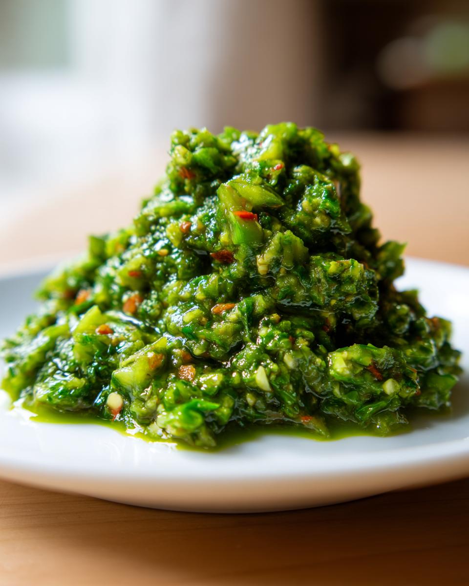 A close-up of chunky, bright green tomato salsa piled high on a white plate, showing visible bits of chili.